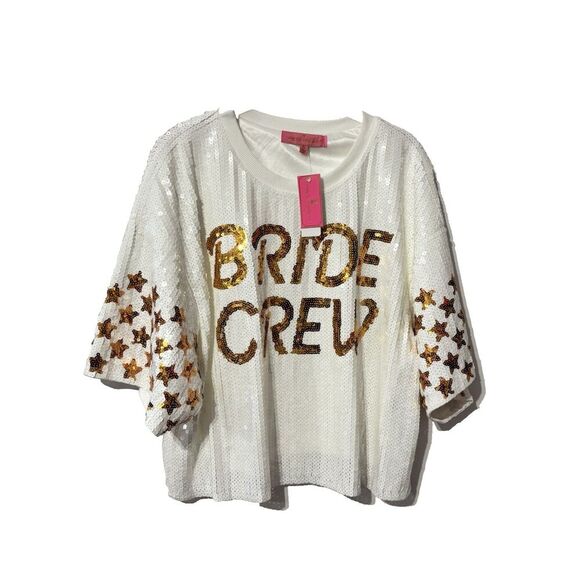 Simply Southern Preppy Sequins BRIDE Top Tshirt Small Oversized Crop America NWT - Picture 2 of 9